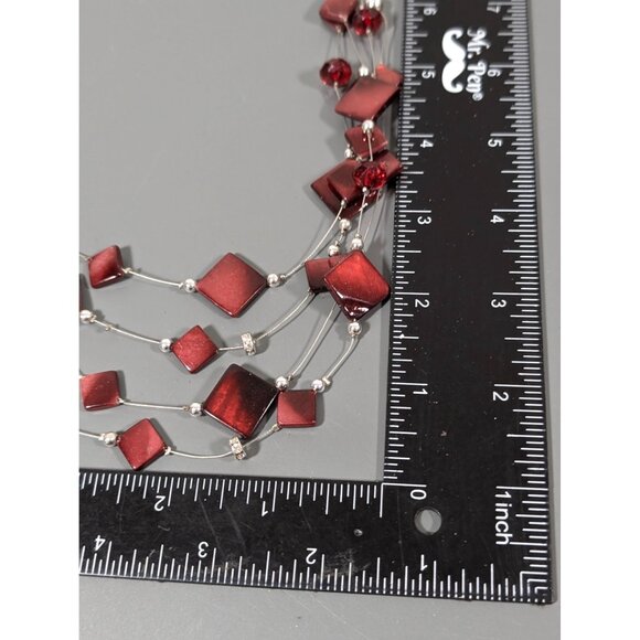 Beachy Boho Wine Red Square Shell Station Multi Wire Bead Necklace Bib 22" - Picture 7 of 7